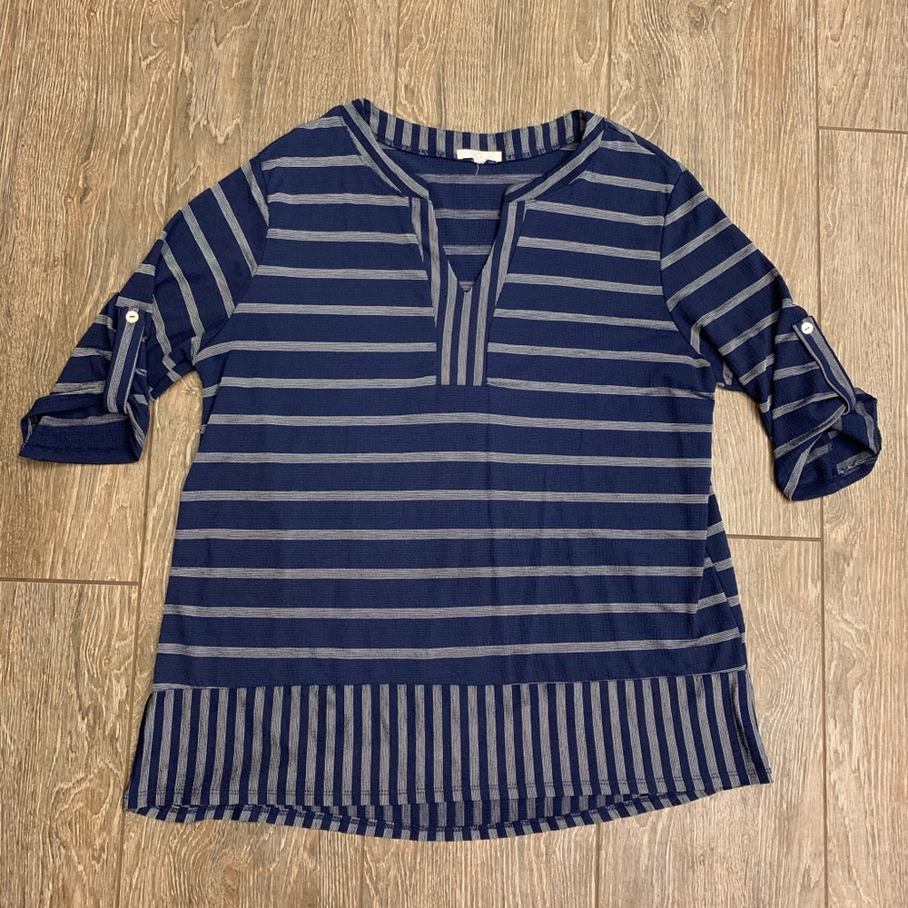 Ava James Navy & White Striped Blouse 3/4 Sleeve